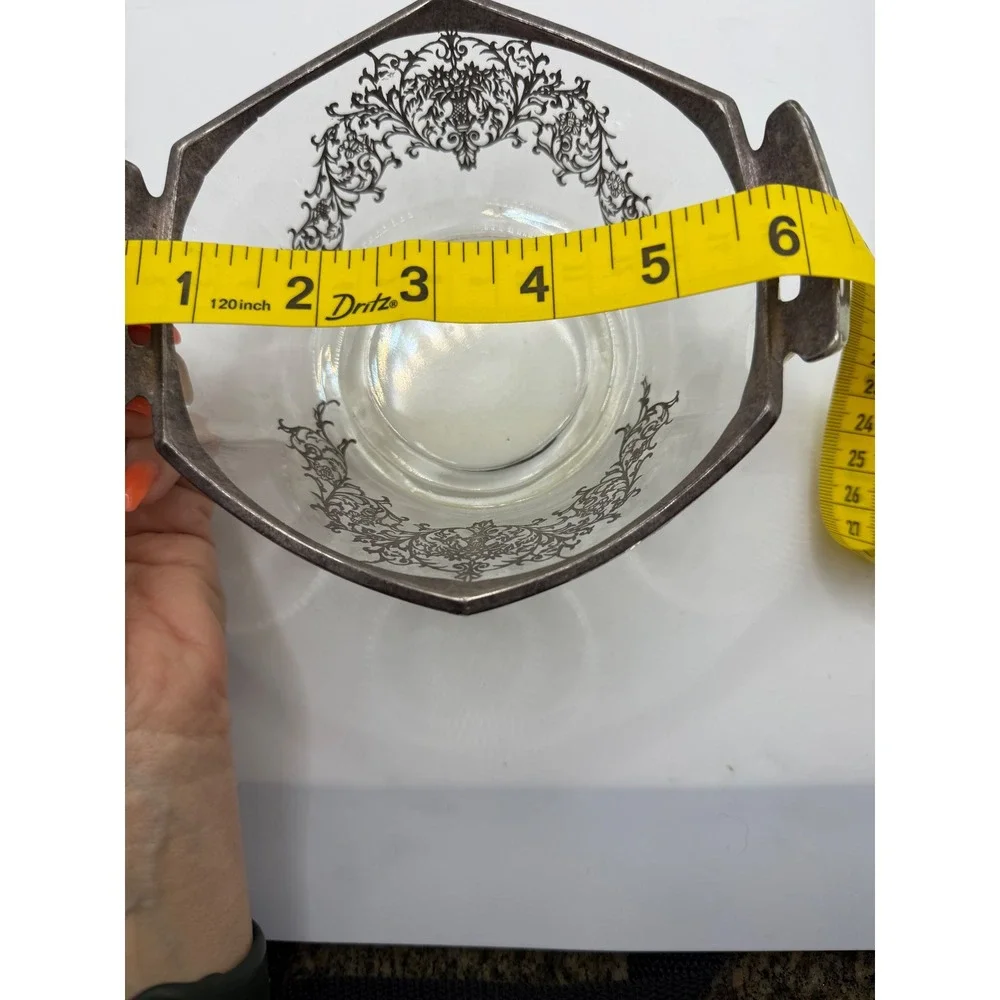 Vintage Silver Overlay Glass Candy Nut Bowl Floral Filigree Double‎ Handle 6.5in
